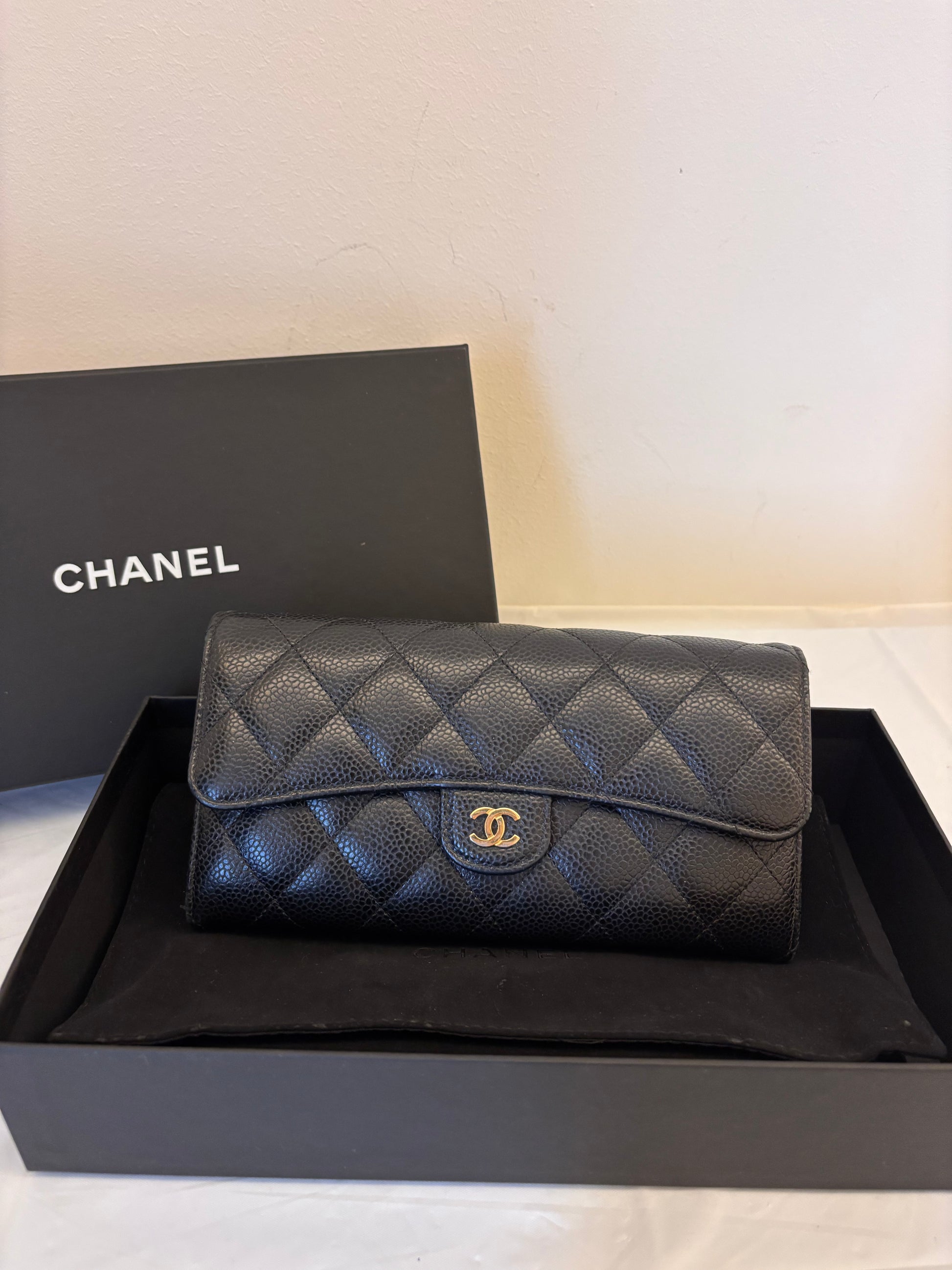 Chanel Black gold long flip wallet